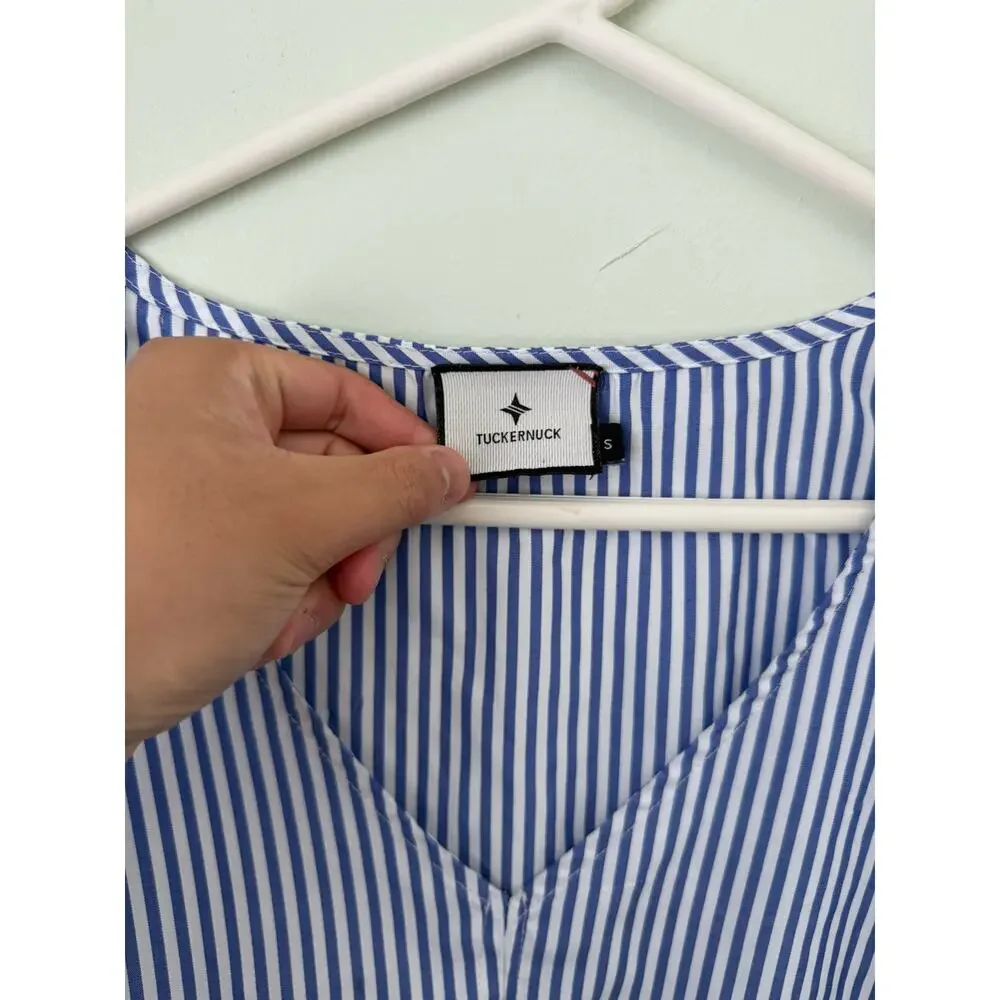 TUCKERNUCK Preppy Nautical Stripes Puff Sleeve Summer Beachy V-Neck Blouse